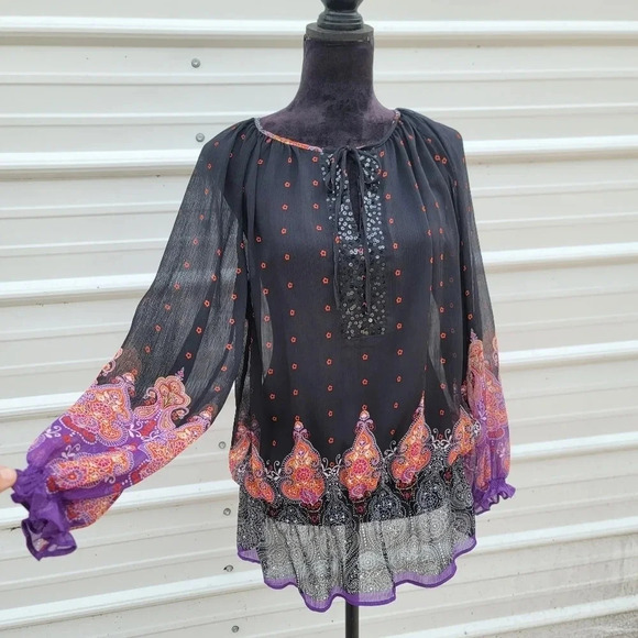 Sunny Leigh Women's Sheer Black Paisley Purple Orange Print Blouse Top Long Sz S - Picture 1 of 9